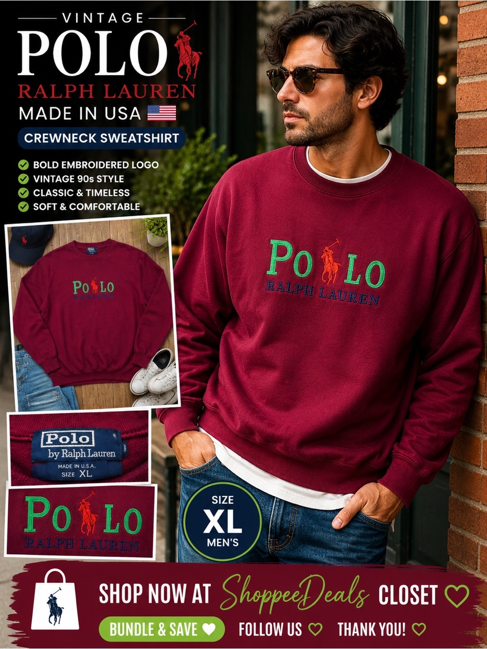 Vintage Polo Ralph Lauren USA Big Logo Crewneck Sweatshirt – Men’s XL – Burgundy
